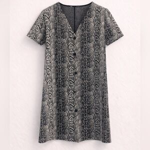 Mango MNG Casual Snakeskin Print Button Front Shift Dress Size M Black White